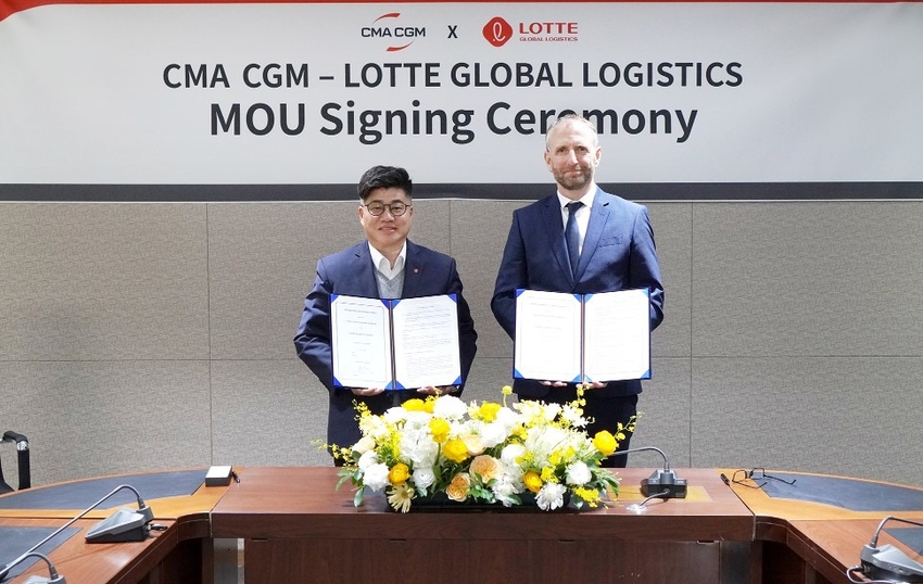 강병구 롯데글로벌로지스 대표이사(사진 왼쪽), 보 웨그너 CMA CGM 아시아태평양 CEO(사진 오른쪽) / 사진-롯데글로벌로지스 제공