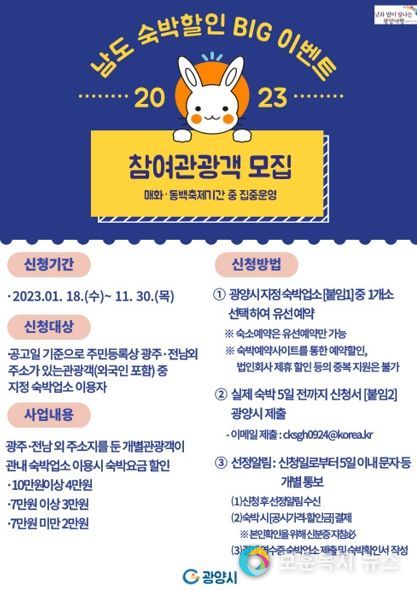 광양시, 매화축제 겨냥 ‘남도숙박할인 BIG이벤트’ 참여 관광객 모집