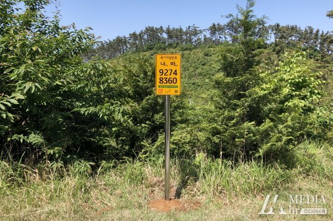 올해 이원면 임도에 신규 설치된 국가지점번호판 모습.