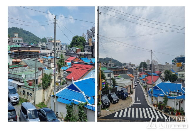 읍내동 도시재생 도시계획도로(소로3-175호) 준공 전후 모습(왼쪽이 준공 전, 오른쪽이 준공 후)
