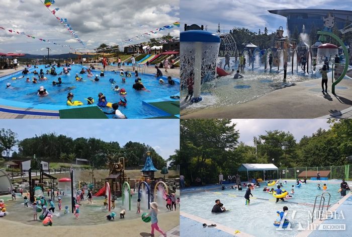 상단 왼쪽 화랑마을 문무야외수영장, 상단 오른쪽 황성공원 물놀이장, 하단 왼쪽 보문카라반파크 물놀이장, 하단 오른쪽 토함산자연휴양림 물놀이장